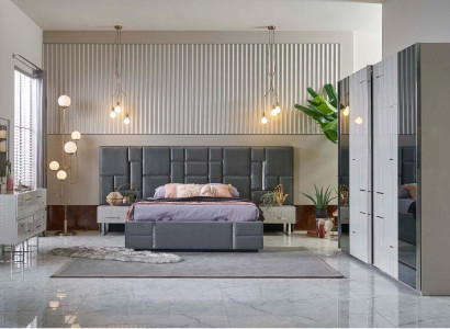 Bettrahmen Schlafzimmer Doppelbett Grau Holz Set 6tlg Kleiderschrank